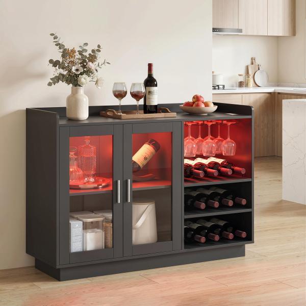 Móvel de Bar com Luzes LED RGB e Porta - Garrafas para 12 Garrafas Armário Buffet para Vinhos para Sala de Jantar Sala de Estar Preto