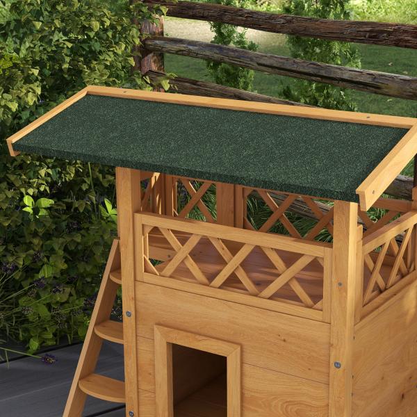 Casa para Gatos de Madeira 77x50x73cm com 2 Níveis Teto Asfáltico Terraço Cercado Caverna e Escada Madeira