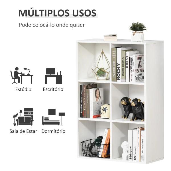 Estante para Livros Estante de Madeira de 3 Níveis com 6 Compartimentos de Armazenamento 65,5x30x97,5 cm Branco