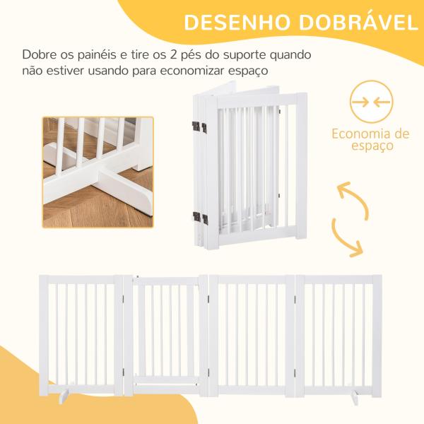 Barreira de Segurança para Cães em Madeira Dobrável para Escadas e Portas para Cães Pequenos e Médios de 4 Painéis 204x36x75 cm Branco