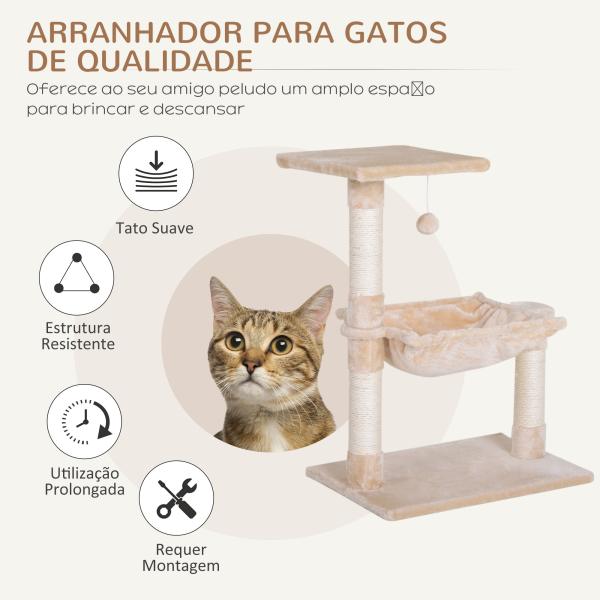 Árvore Arranhador para Gatos Torre para Gatos 50x36x70 cm com Rede Plataforma Poste de Sisal e Bola Suspensa Bege