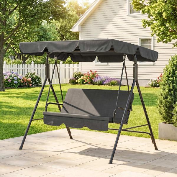 Baloiço de Jardim de 3 Lugares com Almofada Toldo Ajustável e Estrutura de Aço para Balcão Terraço 172x110x153 cm Preto