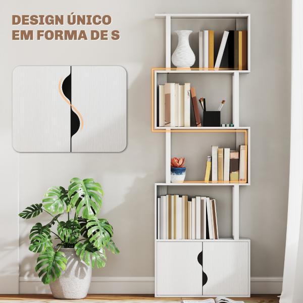 Estante de 5 Níveis em Forma de S Estante de Livros com 5 Prateleiras e 2 Portas 60x23,8x179,2 cm Branco