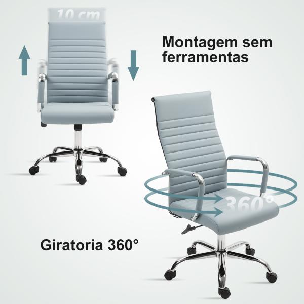 Cadeira de Escritório Giratoria 360° Inclinável com Altura Ajustável Rodas Apoio de Braços 54x62x104 - 114 cm Cinzento Claro