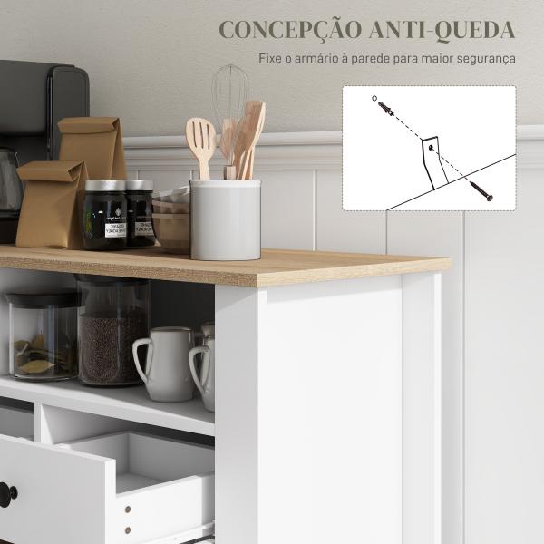 Aparador de Cozinha com 3 Gavetas 2 Armários 2 Prateleiras Abertas e 2 Prateleiras Ajustáveis Estilo Moderno 120x38x81,5 cm Branco