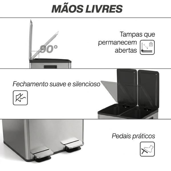 Papeleira de Cozinha em Aço Inoxidável com 2 Compartimentos 2x20L Pedal, Tampas de Fecho Suave e Balde Removível Preto