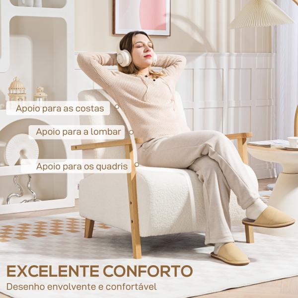Poltrona Nórdica Poltrona Sala de Estar Estofada em Borrego com Apoio para os Braços de Madeira 74,5x76x78 cm Creme