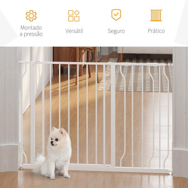 Barreira de Segurança para Cães Extensível para Escadas e Portas 75 - 115cm com 2 Extensões e 10 - 20cm Montagem a Pressão Aço Altura 76cm Branco