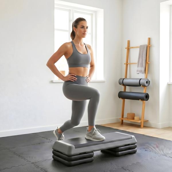 Step para Fitness Antideslizante Altura Regulável 3 Níveis de 10,5/15,5/20,5 cm Capacidade 250 kg 77x36x20,5 cm Cinza e Preto