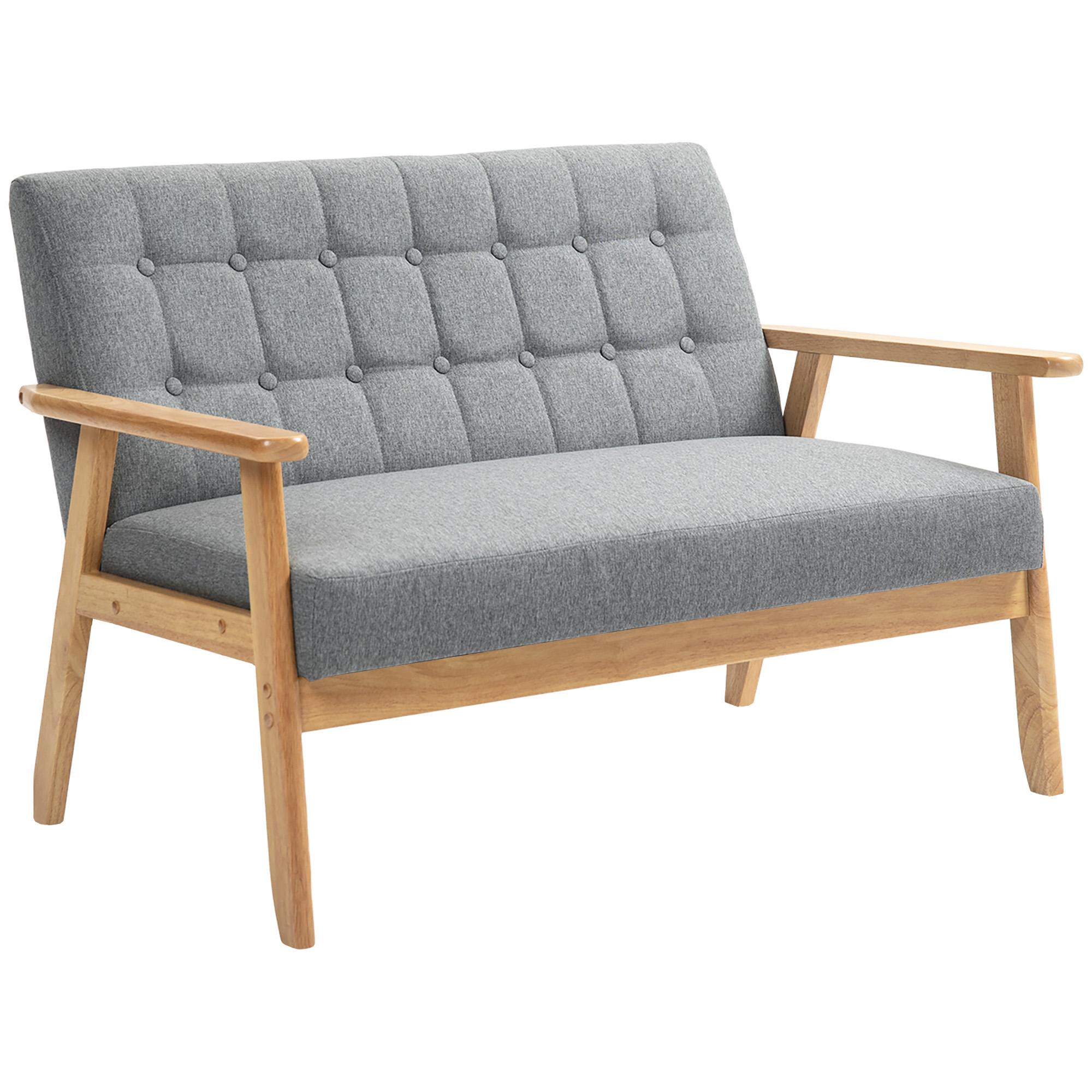 Sofá 2 Lugares Estofado em Linho com Apoio para os Braços de Madeira Encosto Acolchoado 114x75x76 cm Cinza Claro