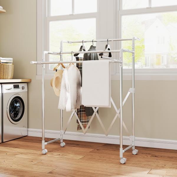 Estendal Vertical Dobrável de 3 Níveis Estendal de Aço Inoxidável com 3 Barras Ajustáveis e Extensíveis 4 Rodas 104 - 150x103x145 - 197 cm Prateado