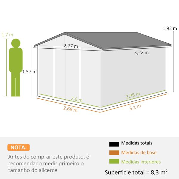 Abrigo de Jardim Metálico para Armazenamento de Ferramentas com Base de Reforço Incluída e 4 Janelas 277x322x192 cm Cinza Escuro