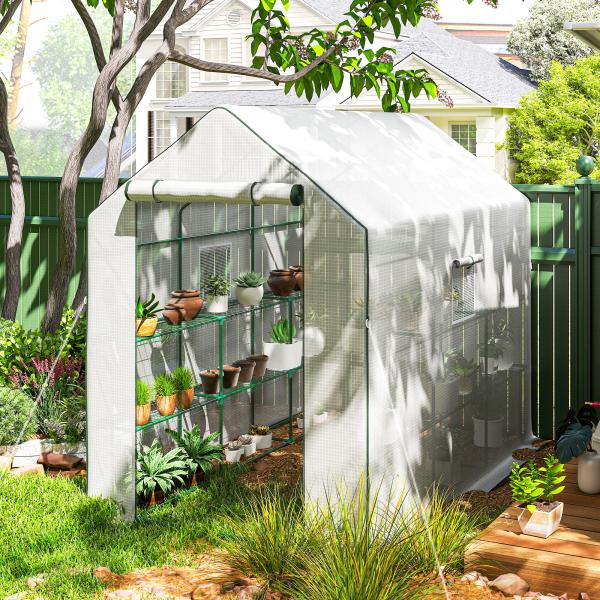 Estufa de Jardim de 3 Níveis com 12 Prateleiras Porta Enrolável Janelas Anti - UV Cobertura de PE 140x213x190 cm Branco