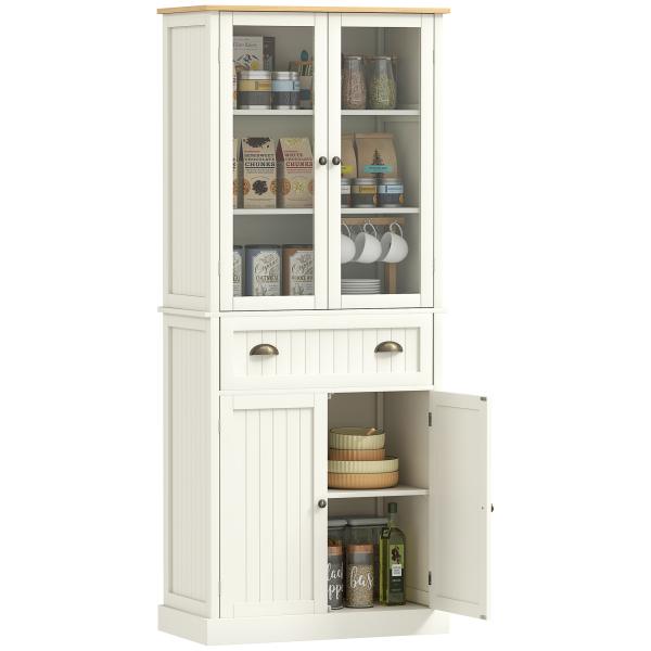 Armário de Cozinha com 2 Portas de Vidro 1 Gaveta e Prateleira Ajustável Móvel Auxiliar de Cozinha 76x40x182,5cm Creme