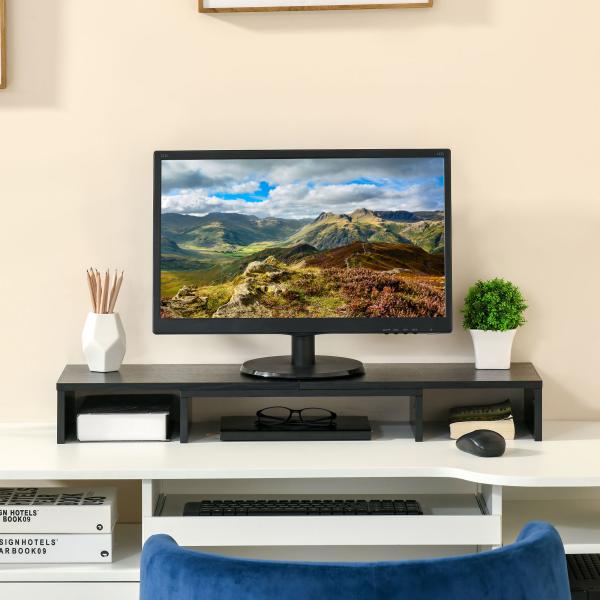 Suporte Elevado para Monitores de Madeira Ajustável em Comprimento e Ângulo para 2 Monitores Notebook 80 - 117x23,5x10cm Preto