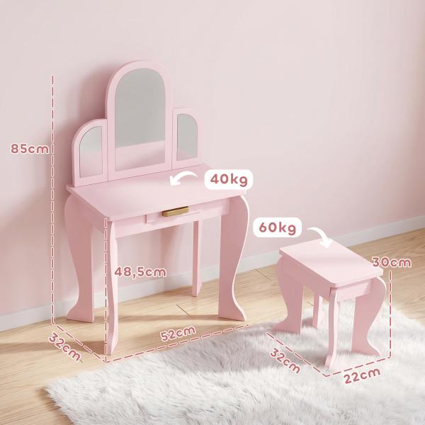 Toucador para Crianças com Espelho e Banco Toucador de Maquilhagem para Crianças de 3 a 6 Anos 52x32x85 cm Rosa