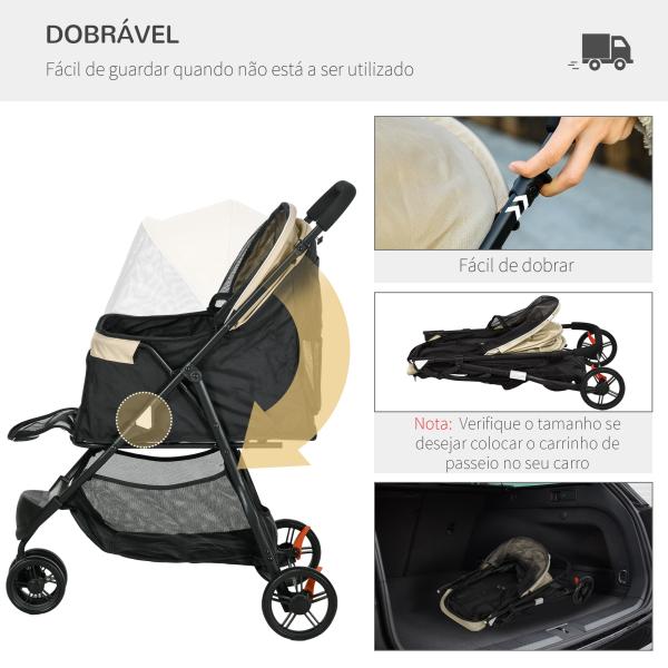 Carrinho para Cães Dobrável para Cães Pequenos com Cesta de Armazenamento Janela de Malha Capa para Chuva 80,5x51,5x100 cm Caqui