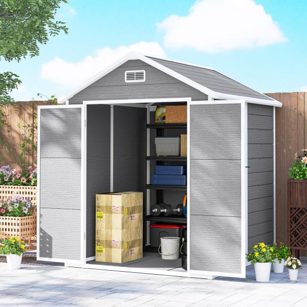 Abrigo de Jardim em Resina 182x151x219 cm com Piso Janela Ventilação Portas Duplas Cinzento