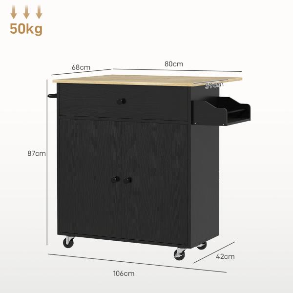 Ilha de Cozinha com Rodas com Lateral Dobrável Gaveta Suporte para Temperos e Prateleira Ajustável 106x42x87 cm Preto e Carvalho