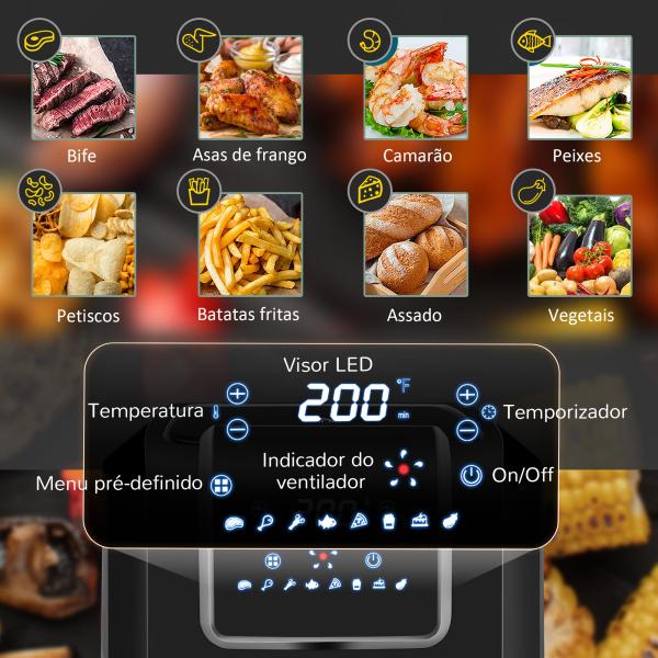 Fritadeira sem Óleo 6,5L 1700W Fritadeira de Ar Quente com 8 Programas Tela LED Tátil Temperatura Ajustável Temporizador e Cesta Antiaderente 36,5x29x33,8cm Preto