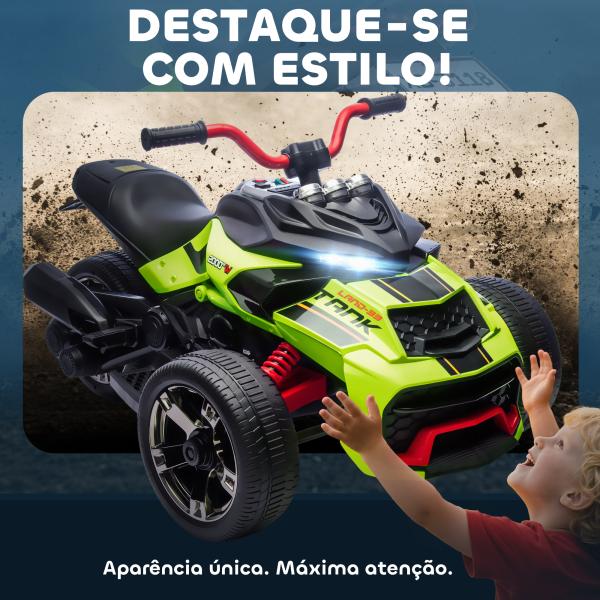 Quadricilo Elétrico para Crianças 12V com 2 Motores Velocidade até 5 km/h 3 Rodas Faróis Buzina Música 113x74x63 cm Verde