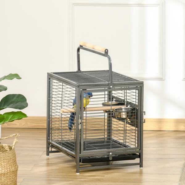 Gaiola para Pássaros Portátil com 2 Poleiros de Madeira Comedouros de Aço Inoxidável e Bandeja Amovível 48x38x47,8 cm Preto