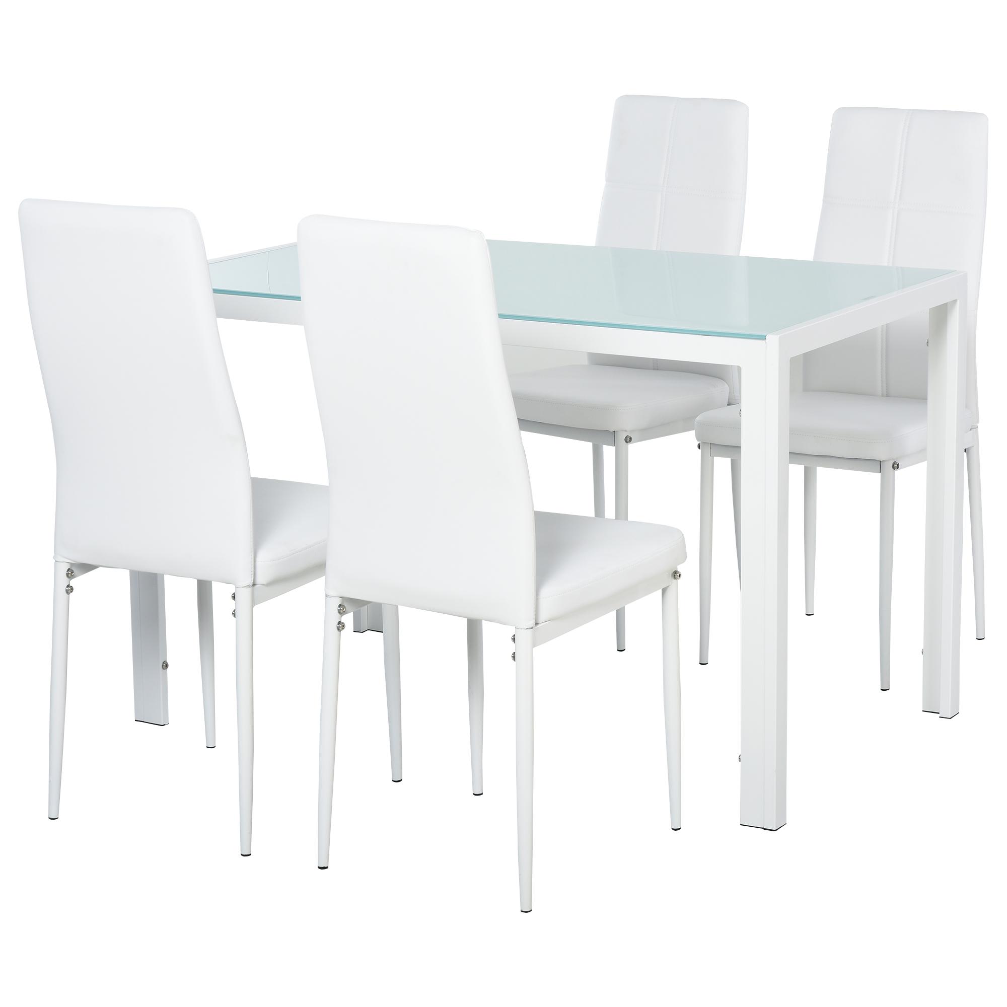Conjunto de Refeição com Mesa Retangular de Vidro Temperado e 4 Cadeiras Estofadas em PU com Pés de Metal Branco