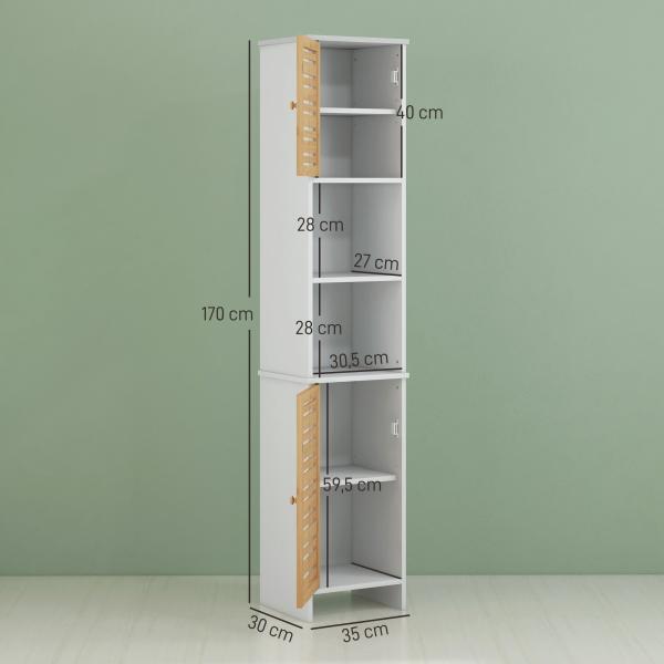 Coluna Casa de Banho Móvel Auxiliar Casa de Banho com Prateleiras Ajustáveis e Portas de Bambu 35x30x170 cm Branco e Madeira