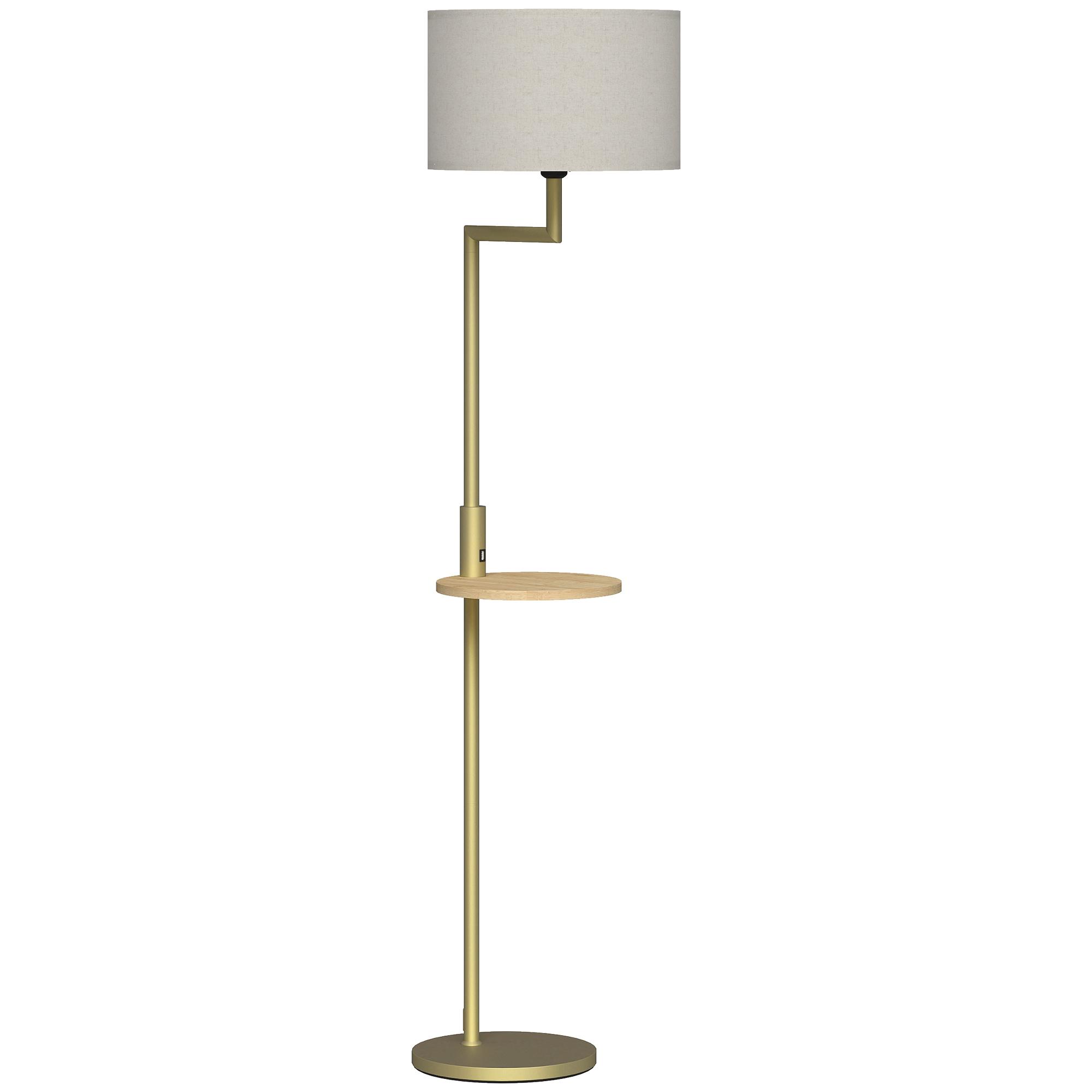 Candeeiro de Pé com Mesa Auxiliar Lâmpada E27 Máx. 40W Ecrã de Linho Interruptor de Corrente e Carregador USB Ø40x170 cm Dourado