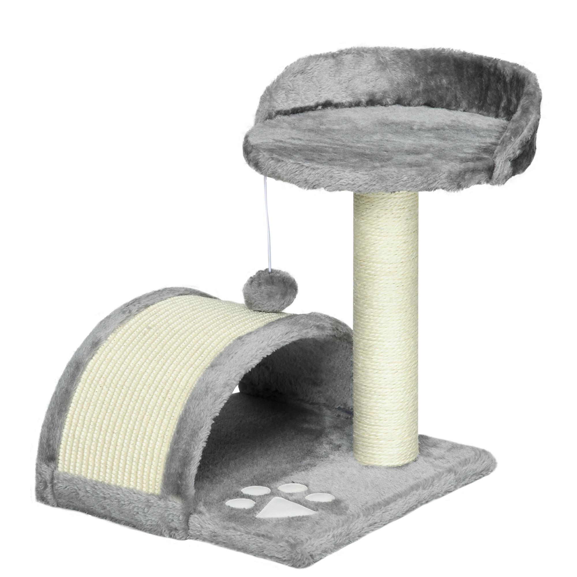 Arranhador para Gatos de 2 Níveis com Poste e Tapete de Arranhar Cama e Bola Suspensa 35,5x37x46 cm Cinza