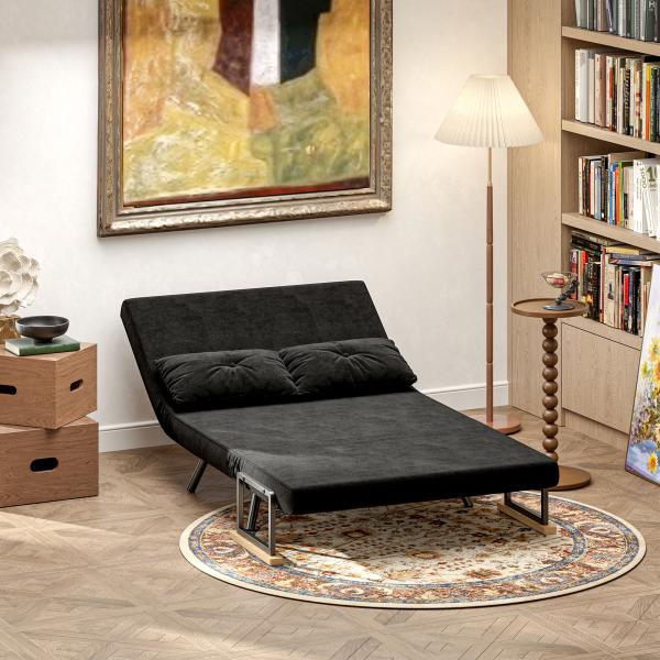 Sofá Cama Sofá Convertível em Cama de 2 Lugares Dobrável com Encosto Ajustável em 5 Níveis e 2 Almofadas 102x73x81 cm Preto