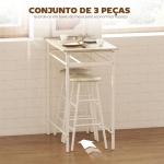 Conjunto de Móvel Bar com Mesa Alta e 2 Bancos com Prateleira de Armazenamento e Estrutura de Metal 80x50x90cm Branco e Madeira
