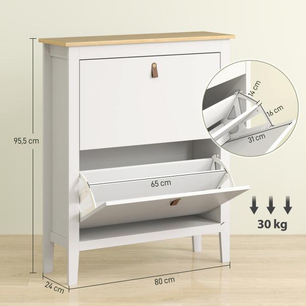 Sapateira Estreita com 2 Gavetas Prateleiras Ajustáveis e Puxadores em PU para 14 Pares de Sapatos 80x24x95,5 cm Branco