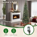 Árvore de Natal Slim 210 cm com Luzes LED 8 Modos de Iluminação 656 Ramos com Purpurina Prateada Pinhas e Bagas Verde