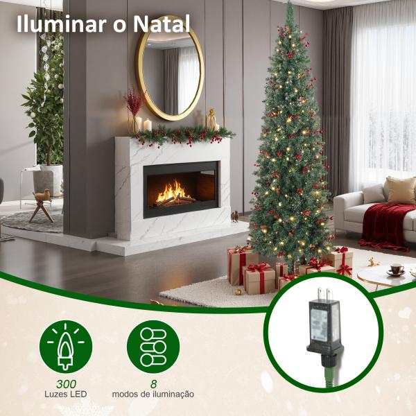 Árvore de Natal Slim 210 cm com Luzes LED 8 Modos de Iluminação 656 Ramos com Purpurina Prateada Pinhas e Bagas Verde