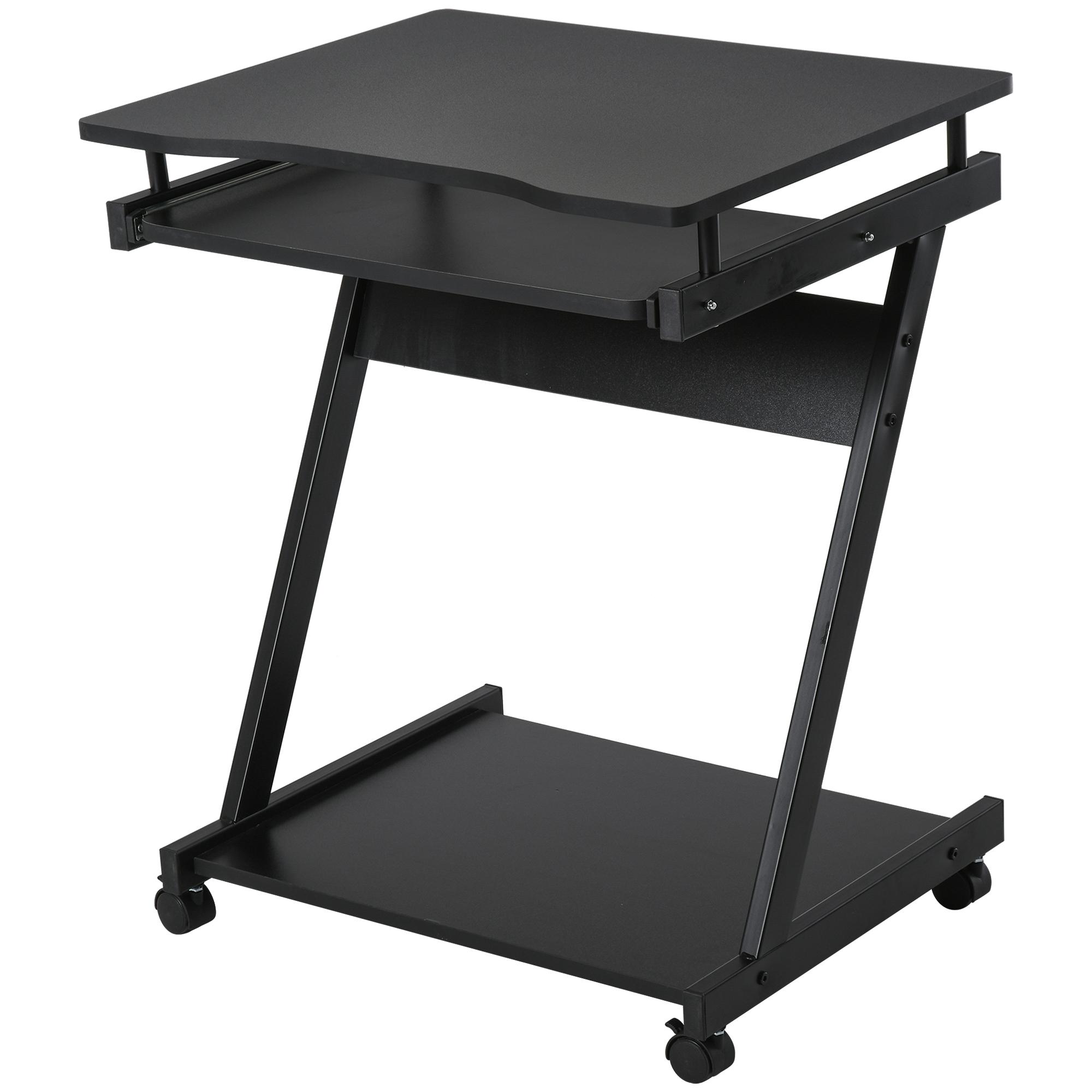 Secretária para Computador com Rodas 60x48 cm com Prateleira Deslizante para Teclado e Prateleira Inferior Estrutura Metálica Preto