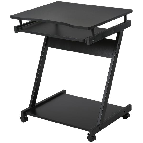 Secretária para Computador com Rodas 60x48 cm com Prateleira Deslizante para Teclado e Prateleira Inferior Estrutura Metálica Preto