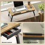 Mesa Reclinável para Cama e Sofá, Bandeja Dobrável com Gaveta Lateral para Portátil e Livros, 5 Alturas, Carvalho