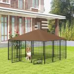 Parque para Cães com Toldo Canil para Exterior com Suporte Giratório para Comida 2 Tigelas 211x211x151 cm Preto Marrom