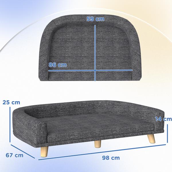 Sofá para Cães Cama Elevada para Cães Estofada com Almofada Lavável e Pés de Madeira de Pinho 98x67x25 cm Cinza Escuro