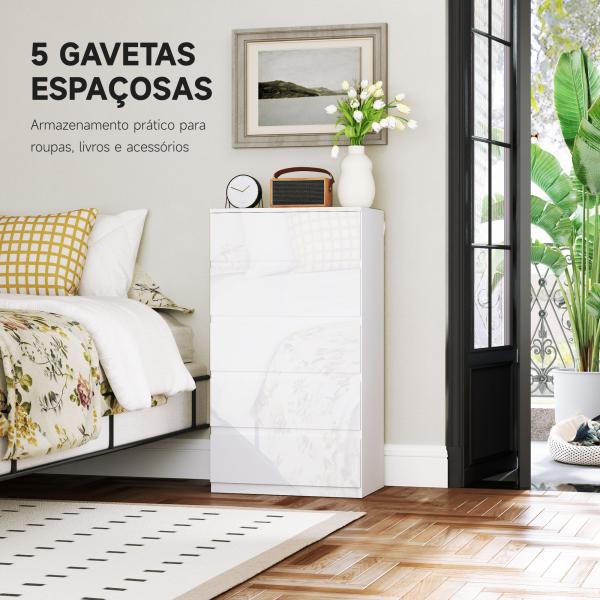 Cómoda com 5 Gavetas de Madeira Cómoda de Dormitório Cómoda Branca Estilo Moderno 55x33x80 cm Branco Brilhante