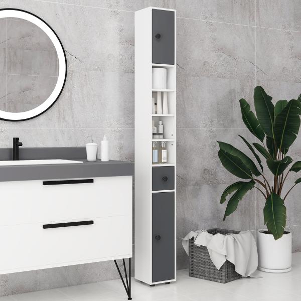 Coluna Casa de Banho Moderna com 1 Gaveta 5 Prateleiras Ajustáveis e 2 Armários 20x20x180 cm Cinza