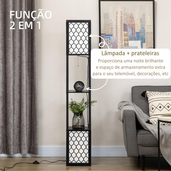 Candeeiro de Pé de Madeira com Estantes Lâmpada E27 Máx. 40W com Interruptor 26x26x156cm Preto e Branco
