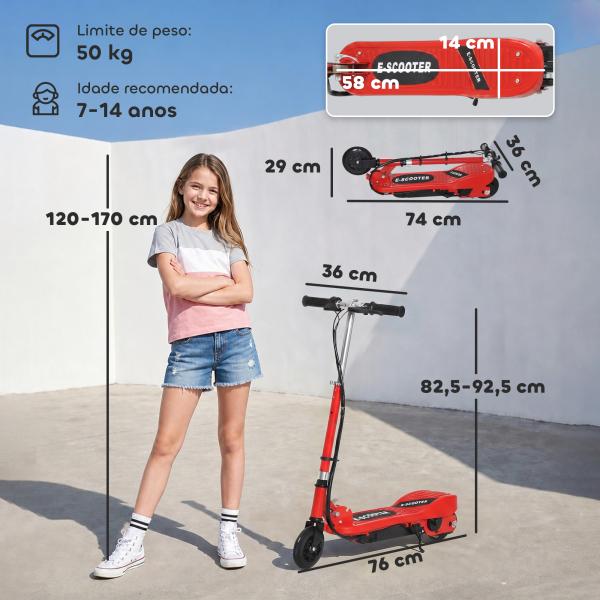 Trotinete Elétrica para Crianças + 7 Anos trotinete Dobrável com Altura Ajustável Bateria Recarregável 24V Velocidade até 12 km/h e Carga 50 kg 74x36x73 - 91 cm Vermelho