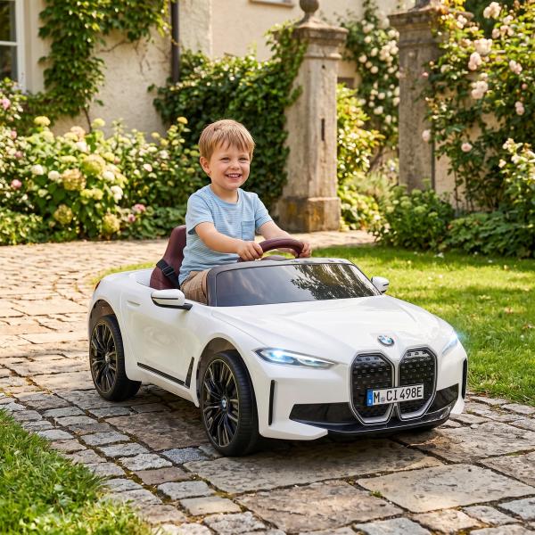Carro Elétrico para Crianças BMW i4 12V com Controlo Remoto Música MP3 Ecrã Luzes e Cinto de Segurança 115x67x45 cm Branco
