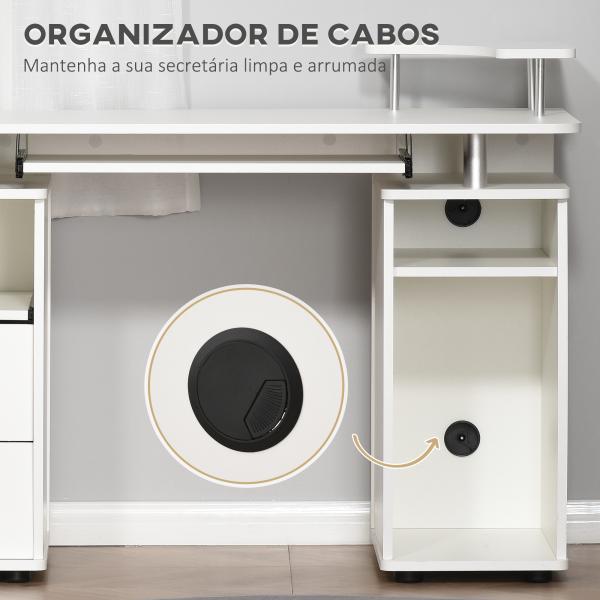 Mesa de Computador com Prateleiras 2 Gavetas Bandeja de Teclado e Suporte para Monitor e CPU 120x55x85 cm Branco