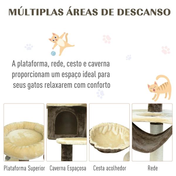 Árvore Arranhador para Gatos Grande Altura 153cm Torre de Escalada para Gatos com Caverna Redes Plataformas Postes Arranhadores de Sisal e Bola Suspensa Marrom e Bege