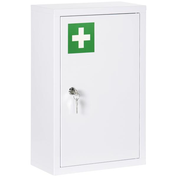 Armário Farmácia de Parede em Aço com 3 Prateleiras de Armazenamento e 2 Chaves para Casa de Banho 30x14x46 cm Branco