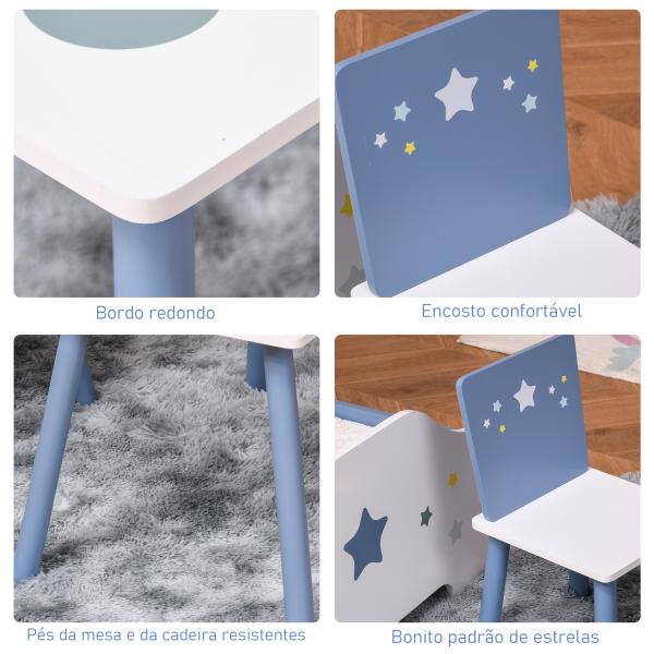 Conjunto de Mesa Infantil e 2 Cadeiras de Madeira Mesa com Cadeiras para Crianças de 2 - 4 Anos Branco e Azul