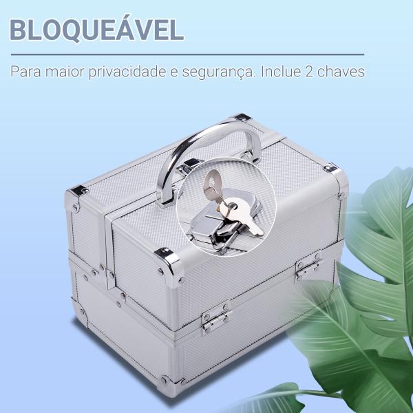 Estojo de Maquiagem Profissional Portátil de Cosméticos com Bandejas de 3 Níveis e Espelho 2 Chaves para Porta - Joias Manicure 15x15x20 cm Prata